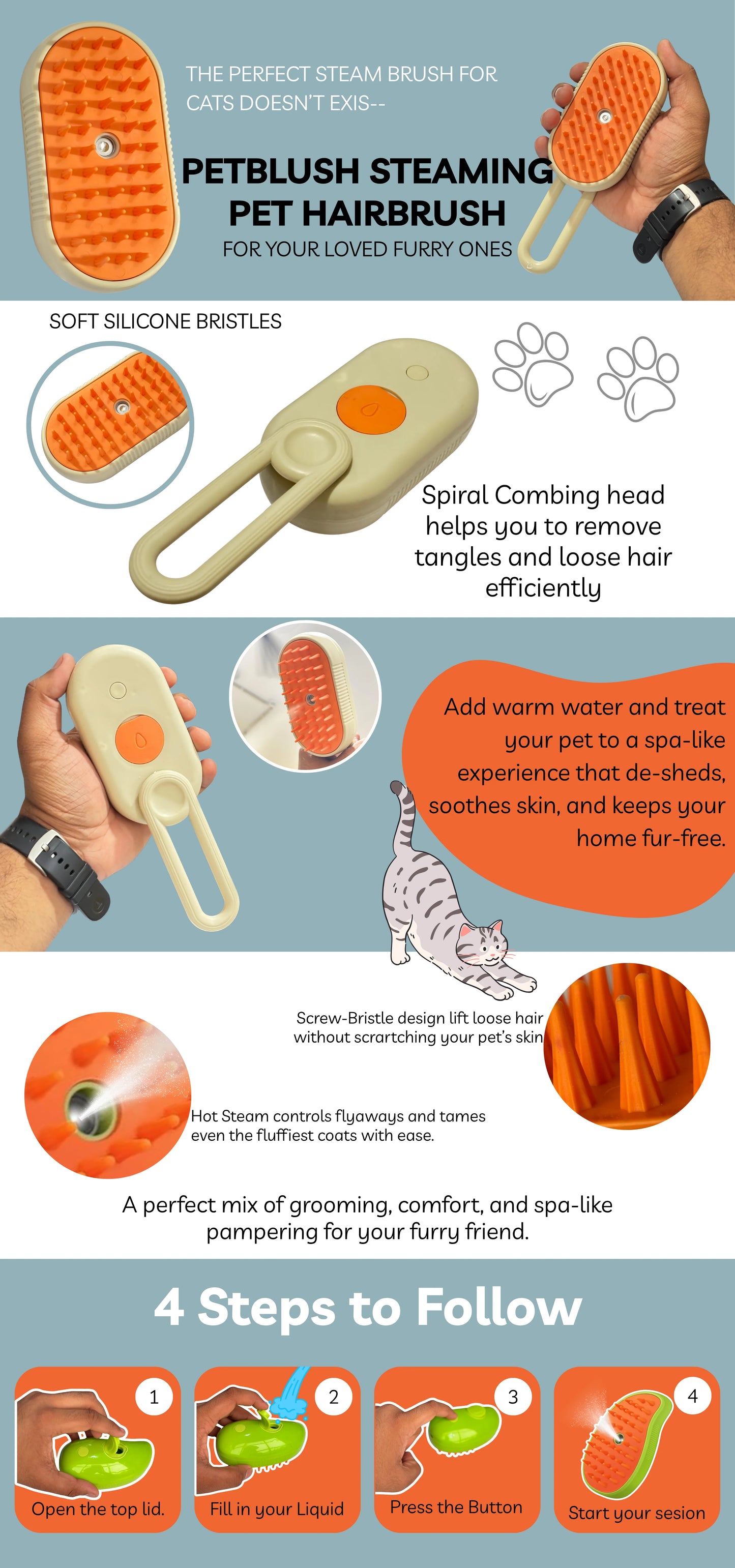 Electric Cat and Dog Steam Brush β 3-In-1 Pet Grooming Comb with Water Spray for Cats and Dogs, USB Rechargeable